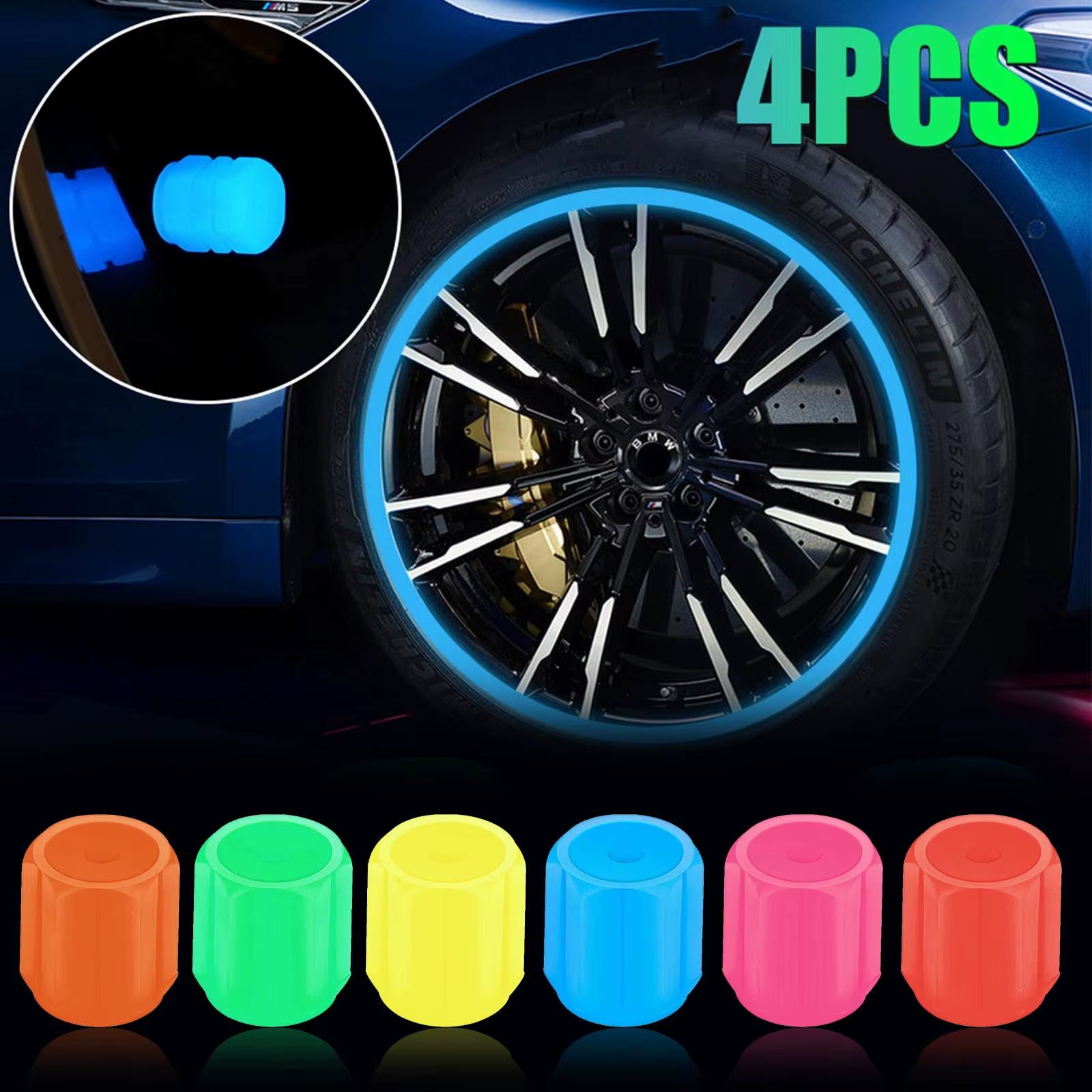 Luminous Tire Valve Cap Glow in the Dark Universal Fluorescent Wheel Nozzle Dustproof Air Leak Proof for Car Motorcycle Bike